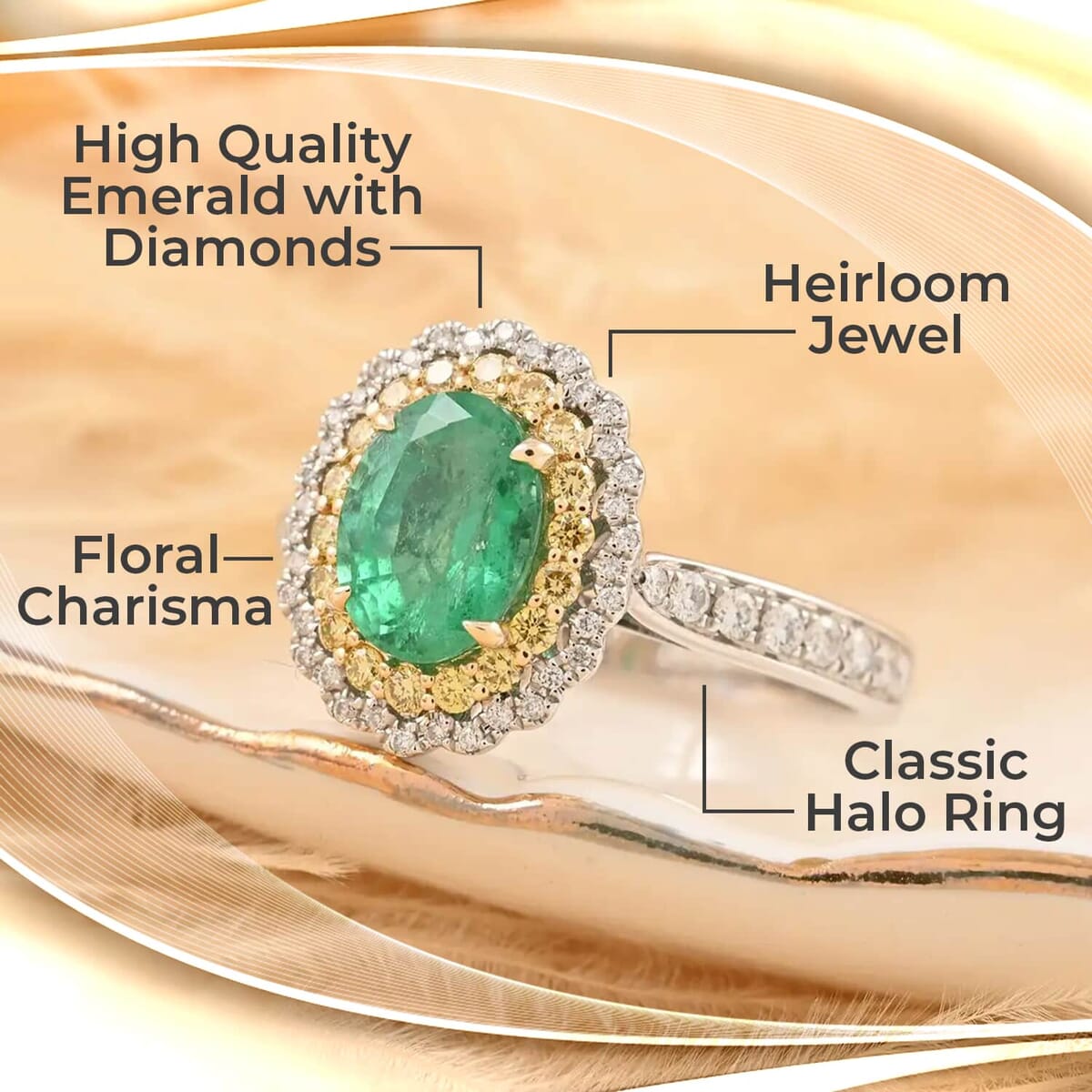 Modani Emerald, Natural Yellow and White Diamond Accent 1.80 ctw Ring in 14K White Gold, Double Halo Ring, Diamond Halo Ring, Wedding Ring (Size 9) image number 1