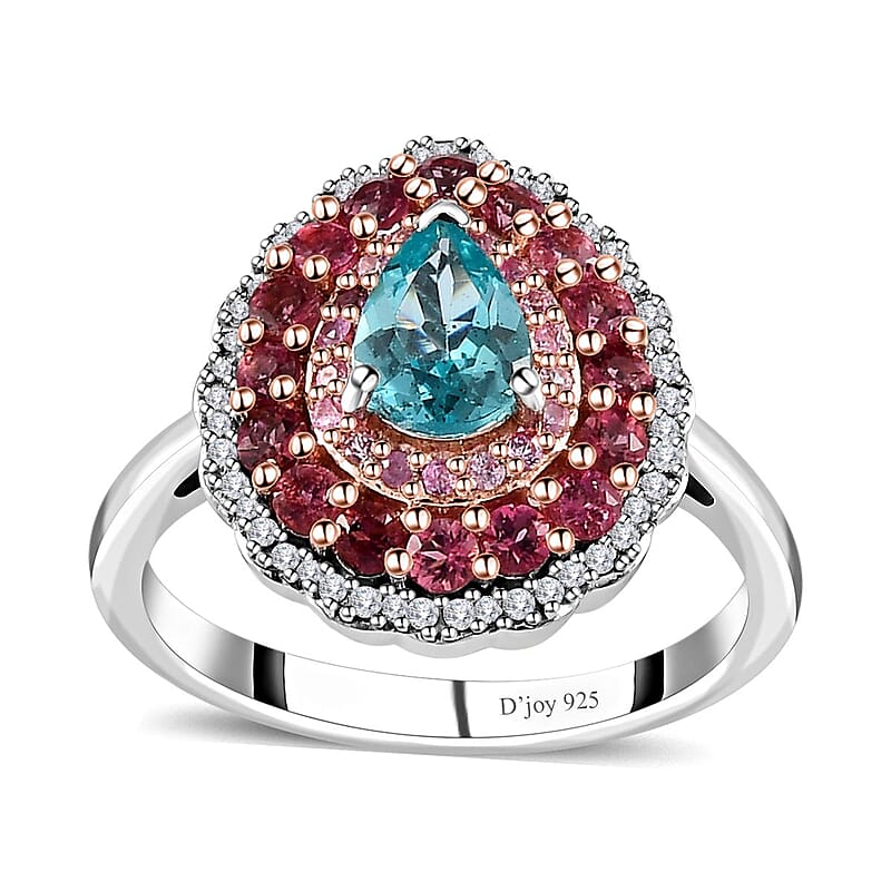 Madagascar Paraiba Apatite and Multi Gemstone Ring in Vermeil RG and Platinum Over Sterling Silver (Size 10.0) 1.75 ctw