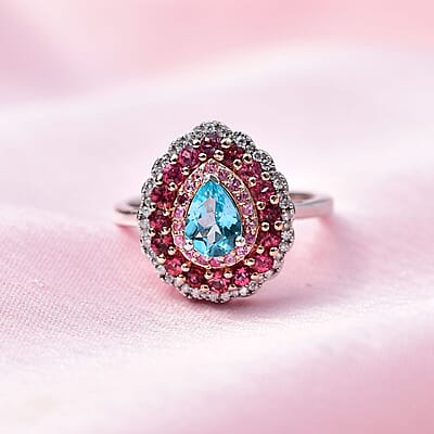 Madagascar Paraiba Apatite and Multi Gemstone Ring in Vermeil RG and Platinum Over Sterling Silver (Size 10.0) 1.75 ctw