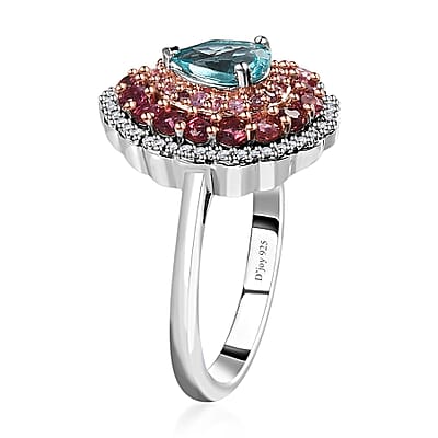 Madagascar Paraiba Apatite and Multi Gemstone Ring in Vermeil RG and Platinum Over Sterling Silver (Size 10.0) 1.75 ctw