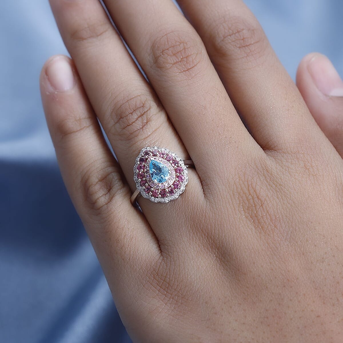 Madagascar Paraiba Apatite and Multi Gemstone Ring in Vermeil RG and Platinum Over Sterling Silver (Size 5.0) 1.75 ctw image number 2