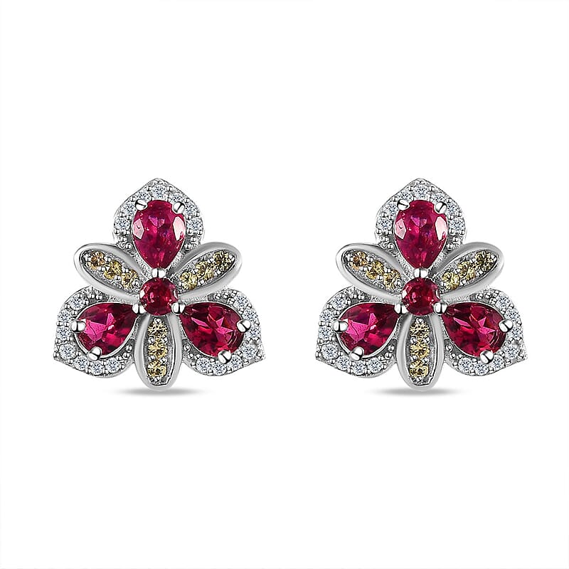 Ouro Fino Rubellite and Multi Gemstone Earrings in Platinum Over Sterling Silver 1.50 ctw