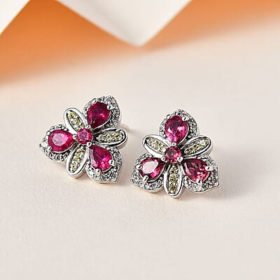 Ouro Fino Rubellite and Multi Gemstone Earrings in Platinum Over Sterling Silver 1.50 ctw