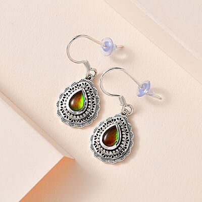 Artisan Crafted Canadian Ammolite Fish Hook Earrings in Sterling Silver