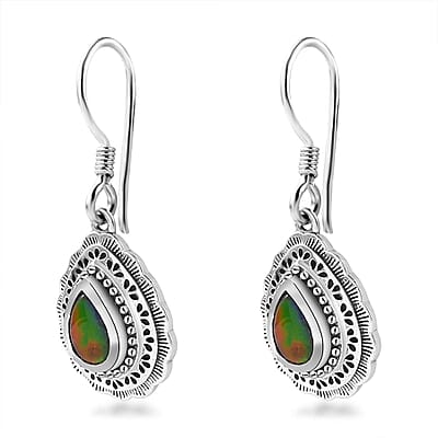 Artisan Crafted Canadian Ammolite Fish Hook Earrings in Sterling Silver