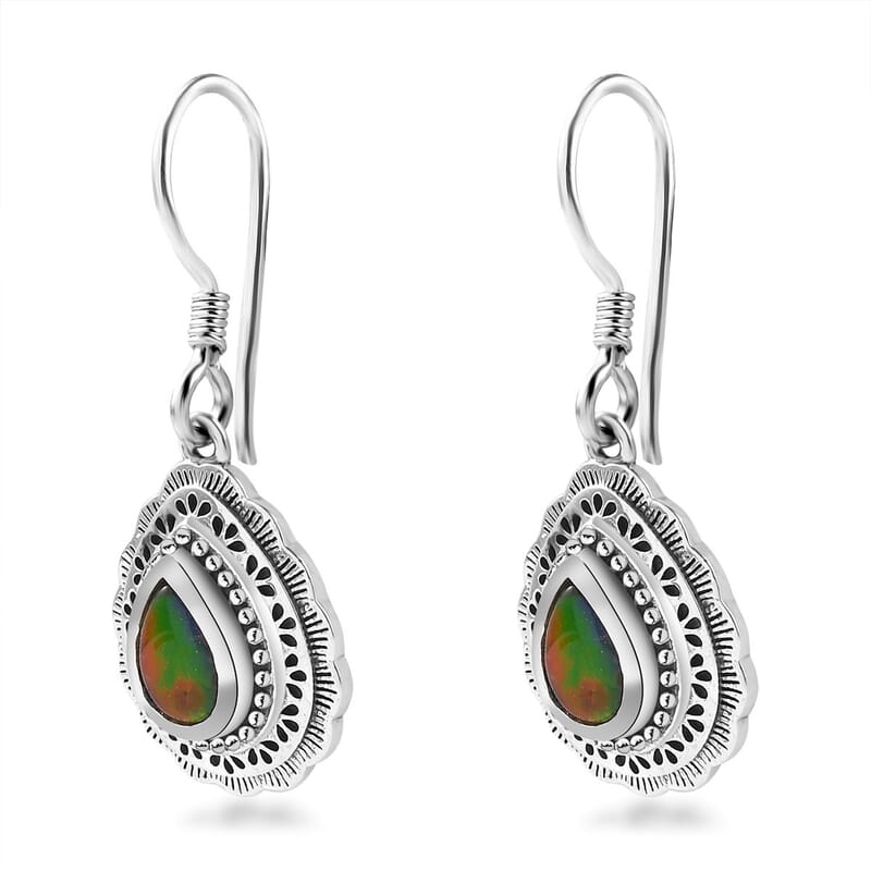 Artisan Crafted Canadian Ammolite Fish Hook Earrings in Sterling Silver