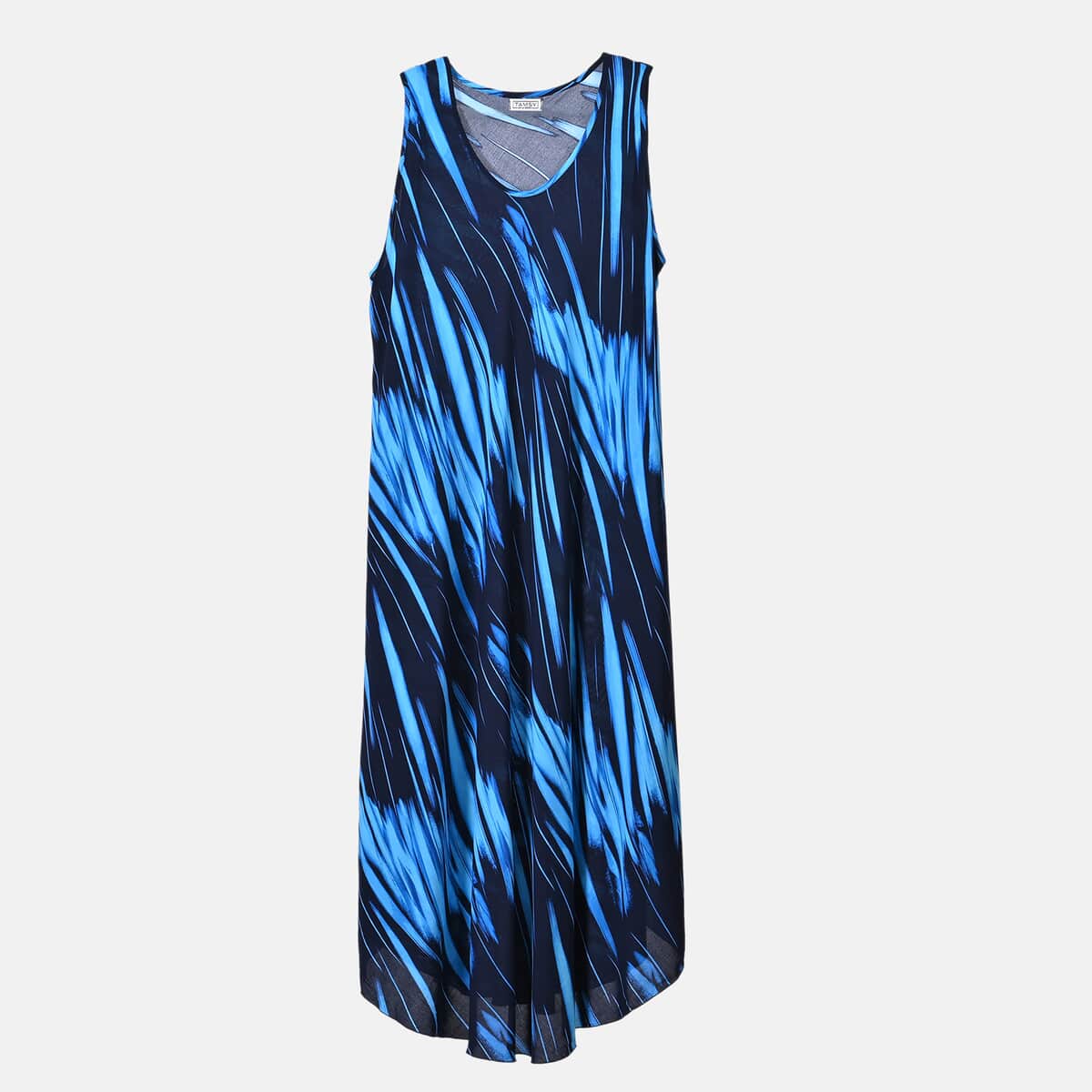 Tamsy Blue Brushstroke A-Line Viscose Sleeveless Dress - One Size Plus image number 0