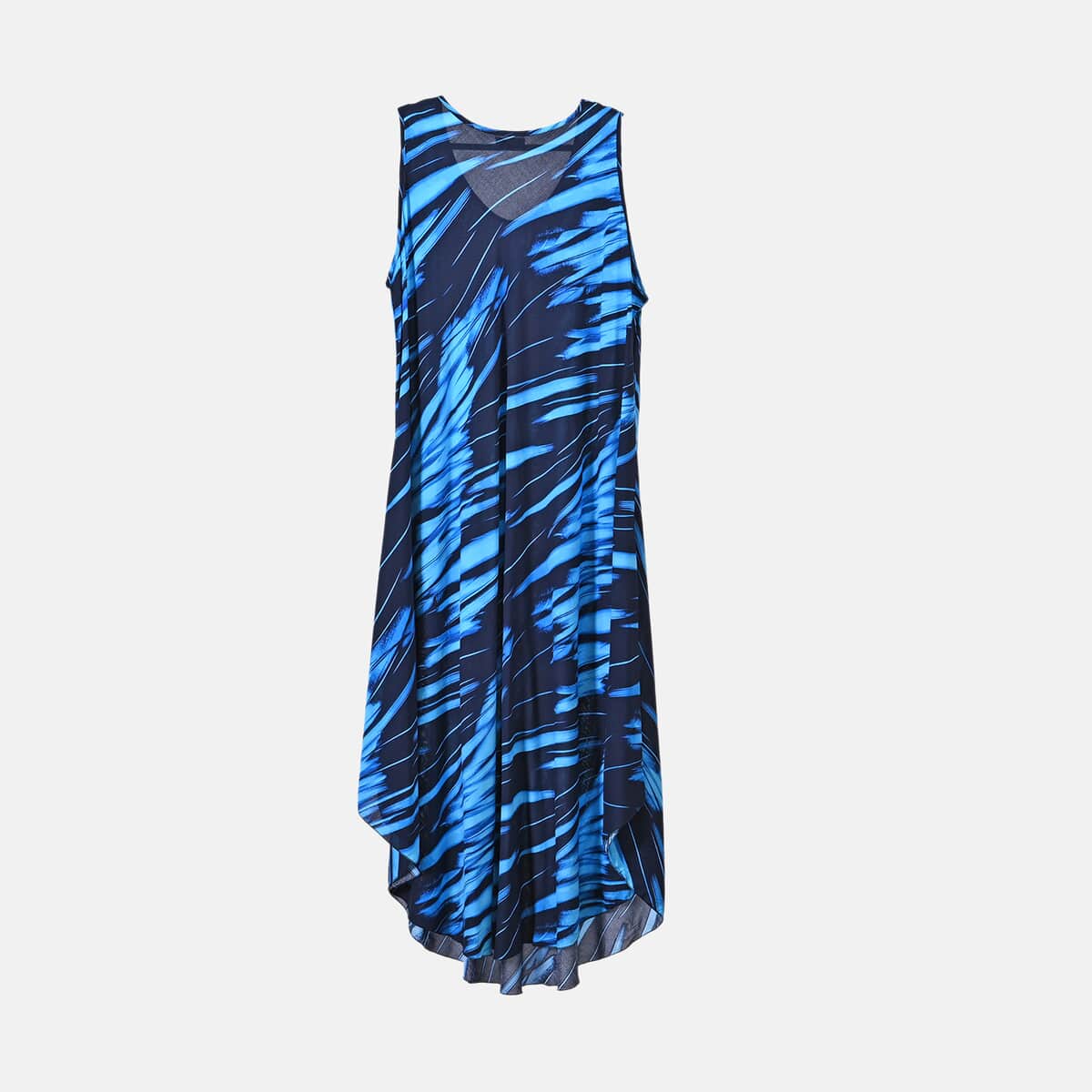 Tamsy Blue Brushstroke A-Line Viscose Sleeveless Dress - One Size Plus image number 1