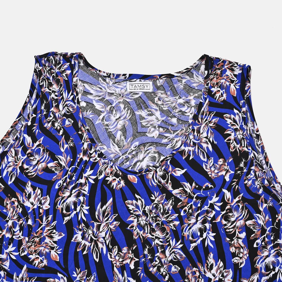 Tamsy Blue Floral A-Line Viscose Sleeveless Dress - One Size Plus image number 2