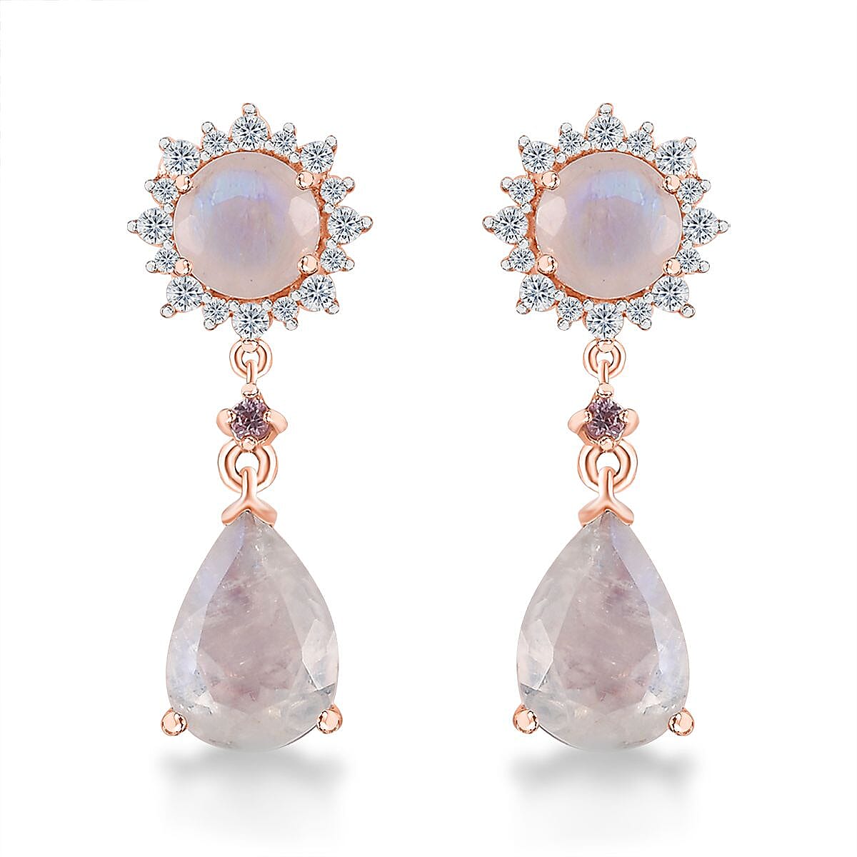 Premium Rainbow Moonstone and Multi Gemstone Drop Earrings in Vermeil Rose Gold Over Sterling Silver 5.30 ctw