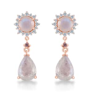 Premium Rainbow Moonstone and Multi Gemstone Drop Earrings in Vermeil Rose Gold Over Sterling Silver 5.30 ctw