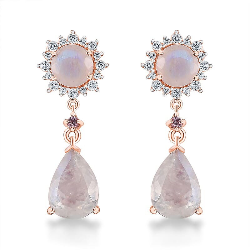 Premium Rainbow Moonstone and Multi Gemstone Drop Earrings in Vermeil Rose Gold Over Sterling Silver 5.30 ctw
