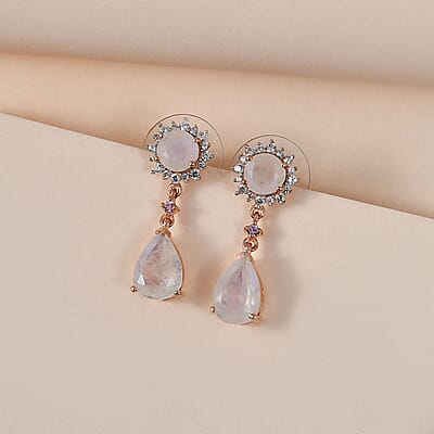 Premium Rainbow Moonstone and Multi Gemstone Drop Earrings in Vermeil Rose Gold Over Sterling Silver 5.30 ctw