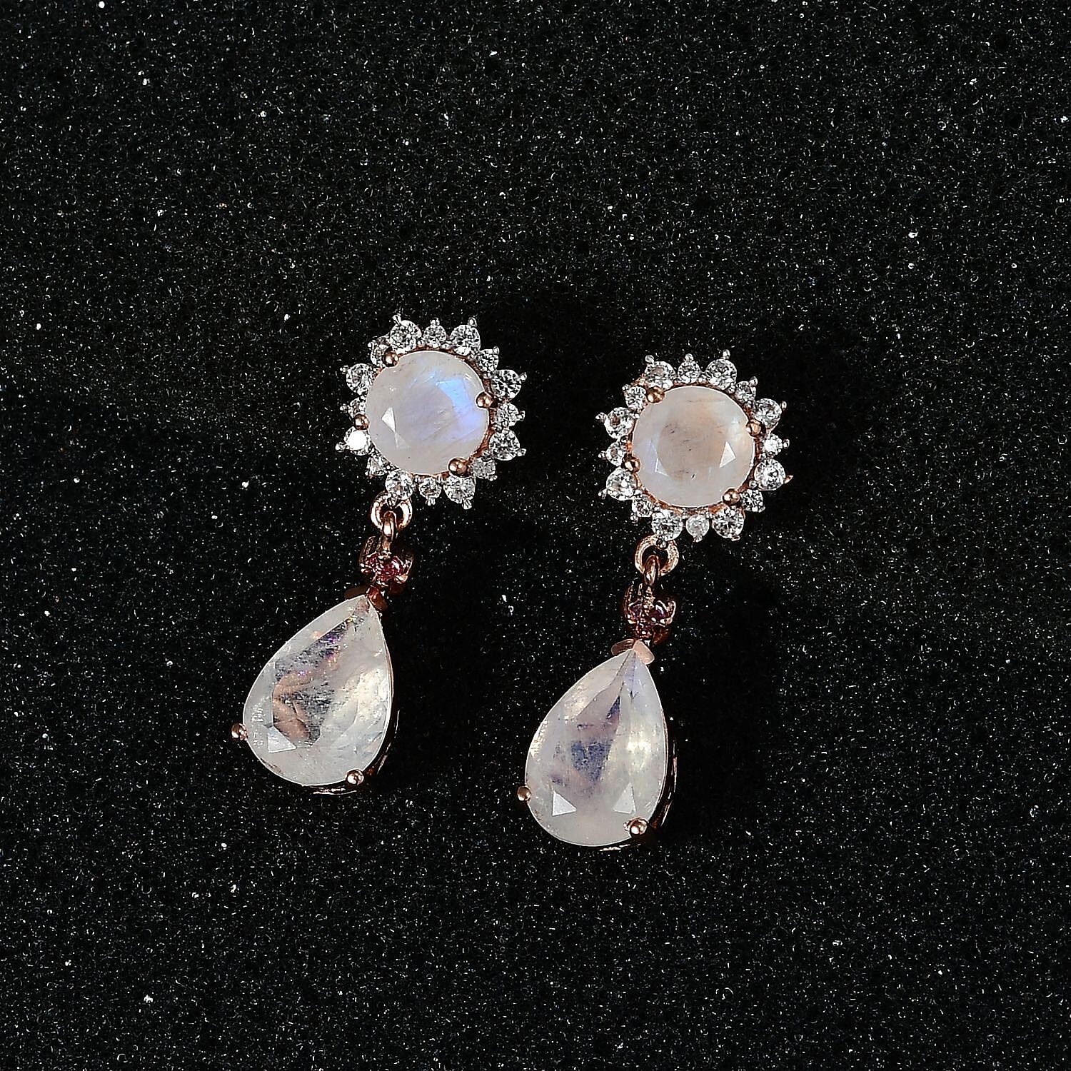 Premium Rainbow Moonstone and Multi Gemstone Drop Earrings in Vermeil Rose Gold Over Sterling Silver 5.30 ctw