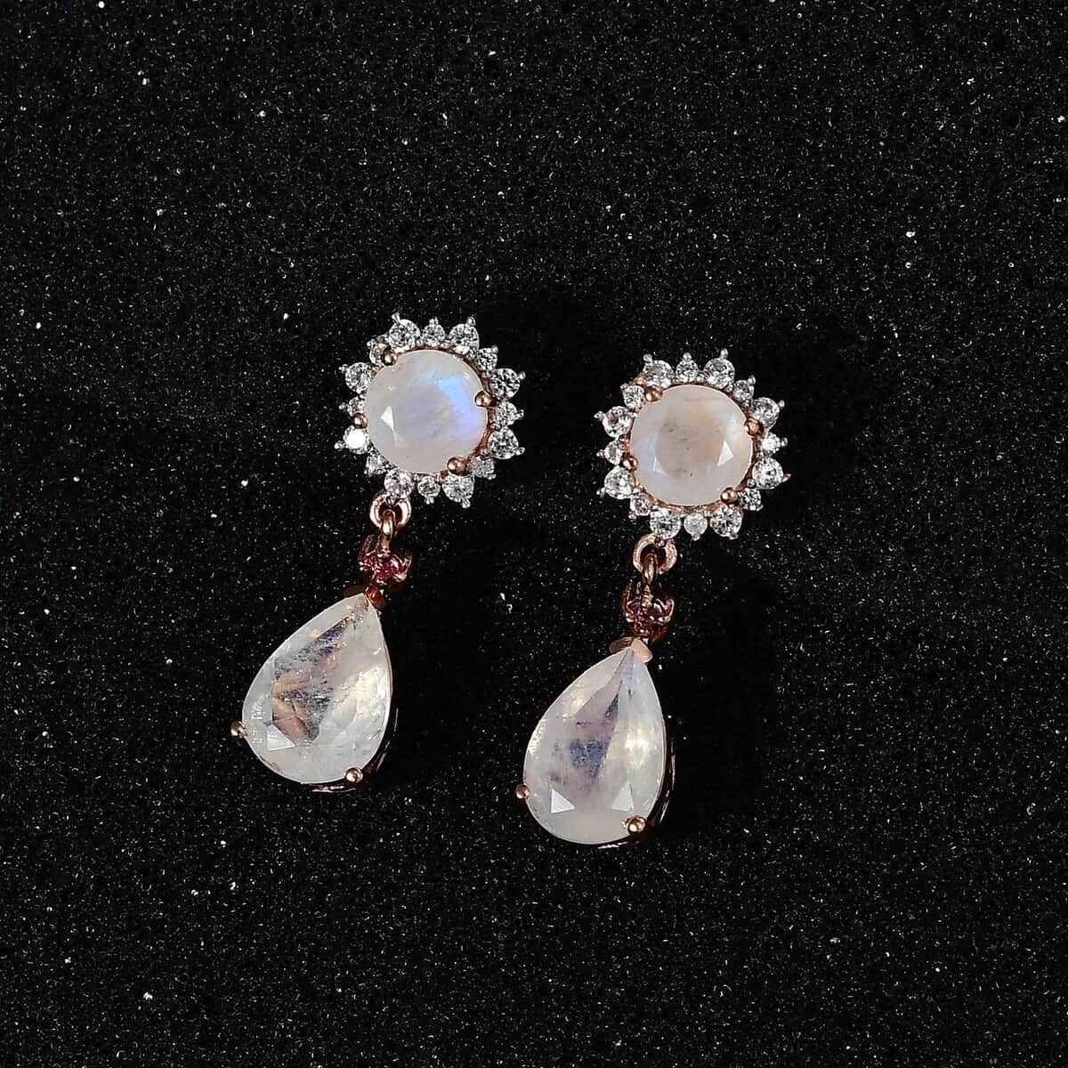 Premium Rainbow Moonstone and Multi Gemstone Drop Earrings in Vermeil Rose Gold Over Sterling Silver 5.30 ctw image number 2