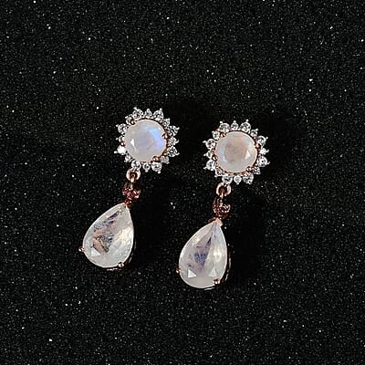 Premium Rainbow Moonstone and Multi Gemstone Drop Earrings in Vermeil Rose Gold Over Sterling Silver 5.30 ctw