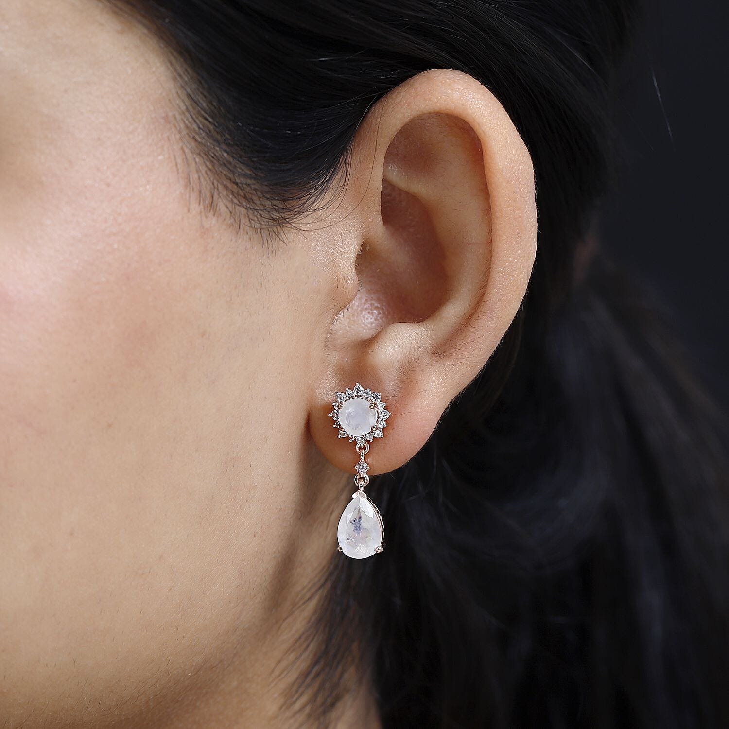 Premium Rainbow Moonstone and Multi Gemstone Drop Earrings in Vermeil Rose Gold Over Sterling Silver 5.30 ctw