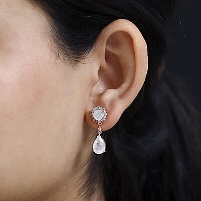 Premium Rainbow Moonstone and Multi Gemstone Drop Earrings in Vermeil Rose Gold Over Sterling Silver 5.30 ctw