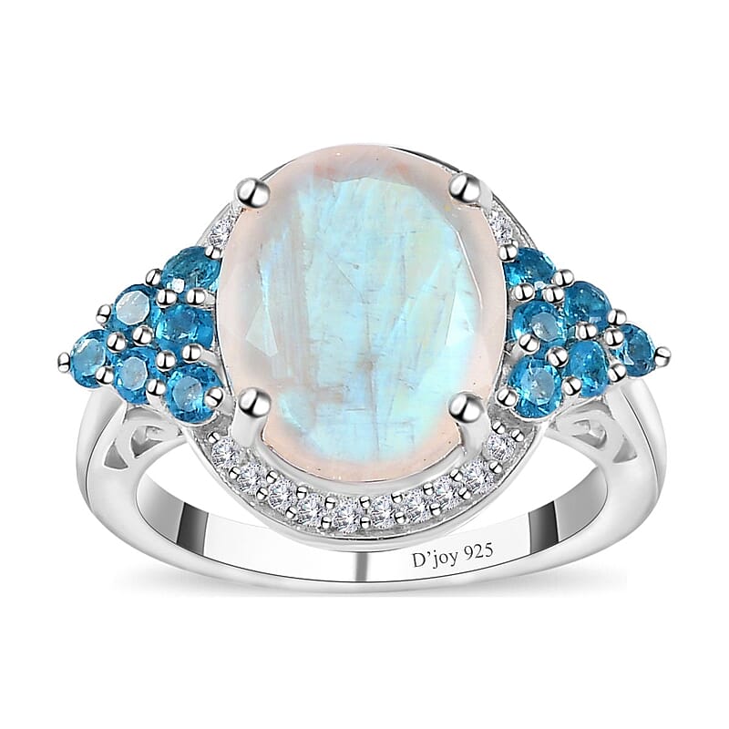 Premium Rainbow Moonstone and Multi Gemstone Ring in Platinum Over Sterling Silver (Size 10.0) 5.65 ctw