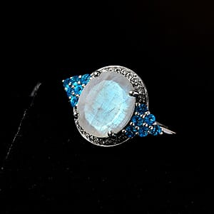 Premium Rainbow Moonstone and Multi Gemstone Ring in Platinum Over Sterling Silver (Size 10.0) 5.65 ctw