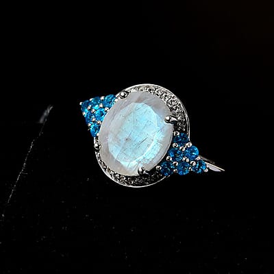 Premium Rainbow Moonstone and Multi Gemstone Ring in Platinum Over Sterling Silver (Size 10.0) 5.65 ctw