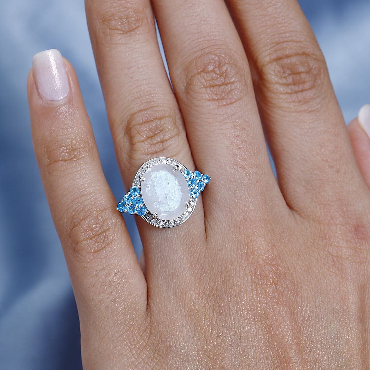 Premium Rainbow Moonstone, Multi Gemstone Ring in Platinum Over Sterling Silver (Size 10.0) 5.65 ctw image number 3