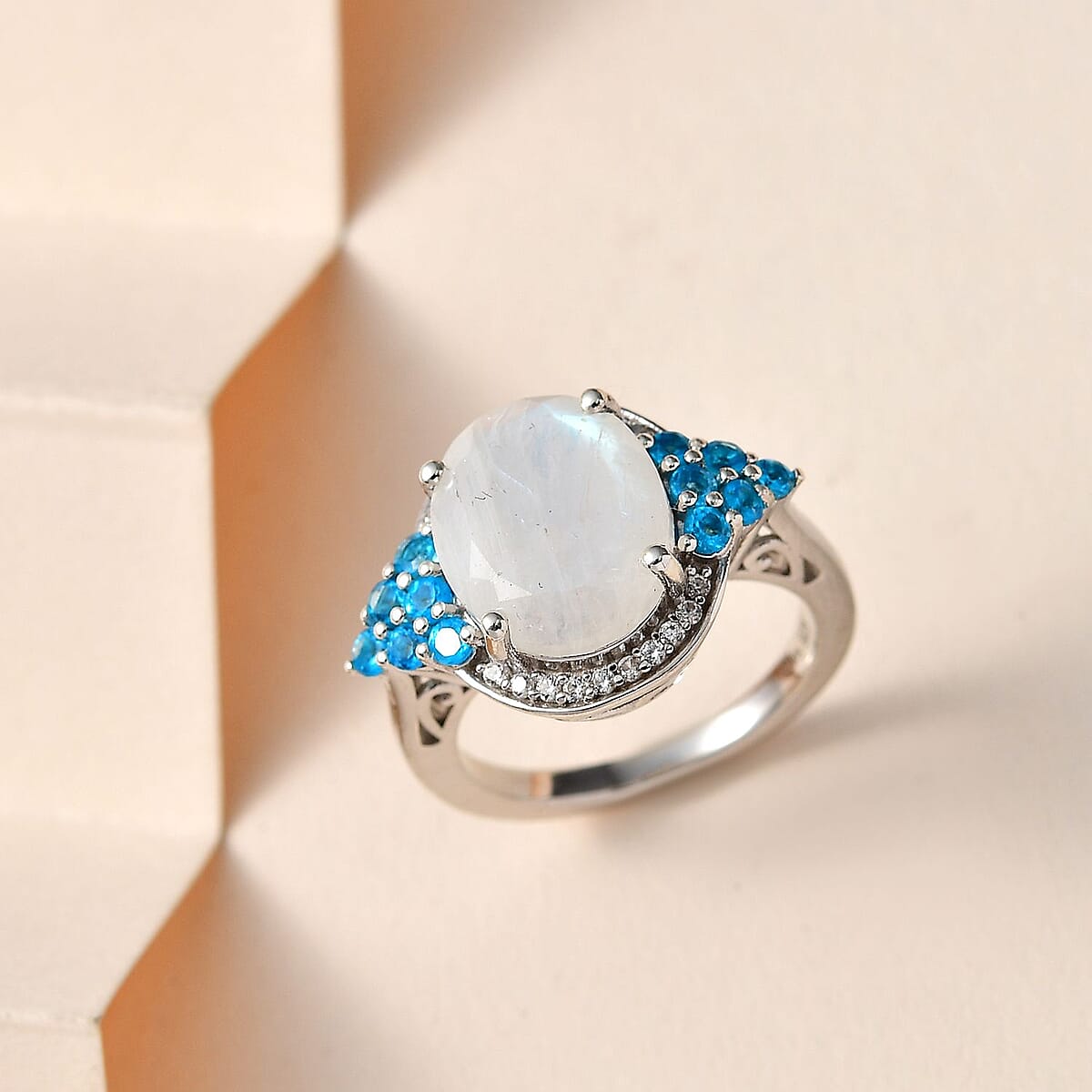 Premium Rainbow Moonstone and Multi Gemstone Ring in Platinum Over Sterling Silver (Size 9.0) 5.65 ctw image number 1