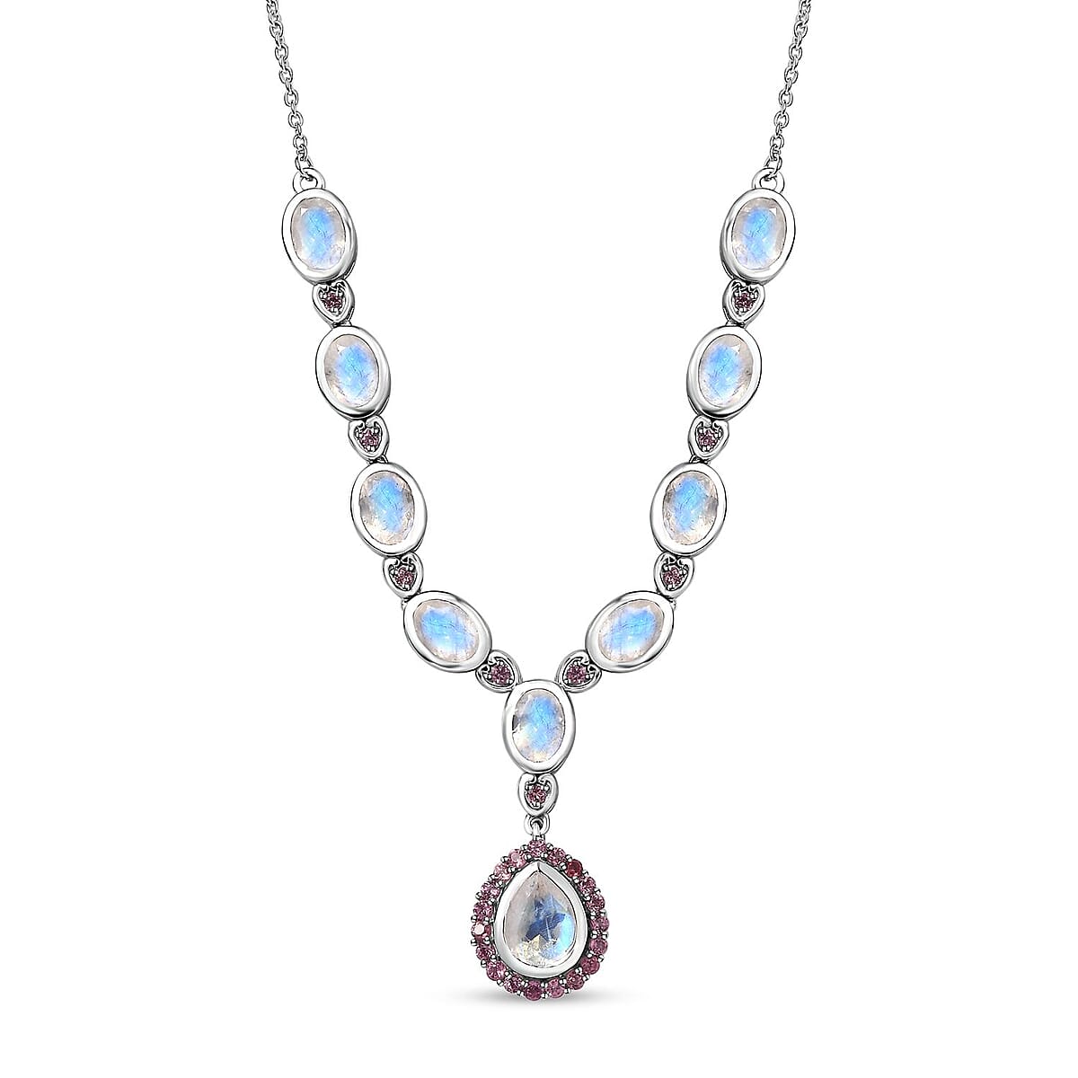 Premium Moon Glow Moonstone and Lotus Garnet Necklace 18-20 Inches in Platinum Over Sterling Silver 8.85 ctw image number 0
