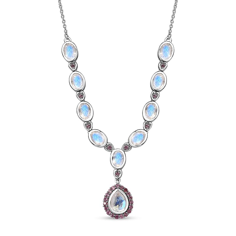 Premium Moon Glow Moonstone and Lotus Garnet Necklace 18-20 Inches in Platinum Over Sterling Silver 8.85 ctw