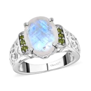 Premium Rainbow Moonstone and Chrome Diopside Ring in Platinum Over Sterling Silver (Size 10.0) 4.60 ctw