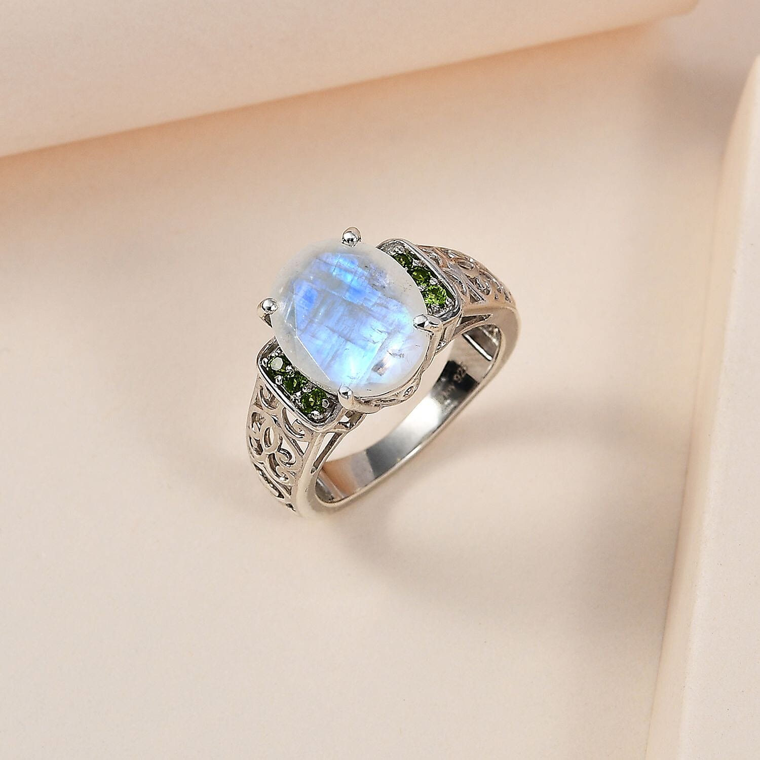 Premium Rainbow Moonstone and Chrome Diopside Ring in Platinum Over Sterling Silver (Size 10.0) 4.60 ctw