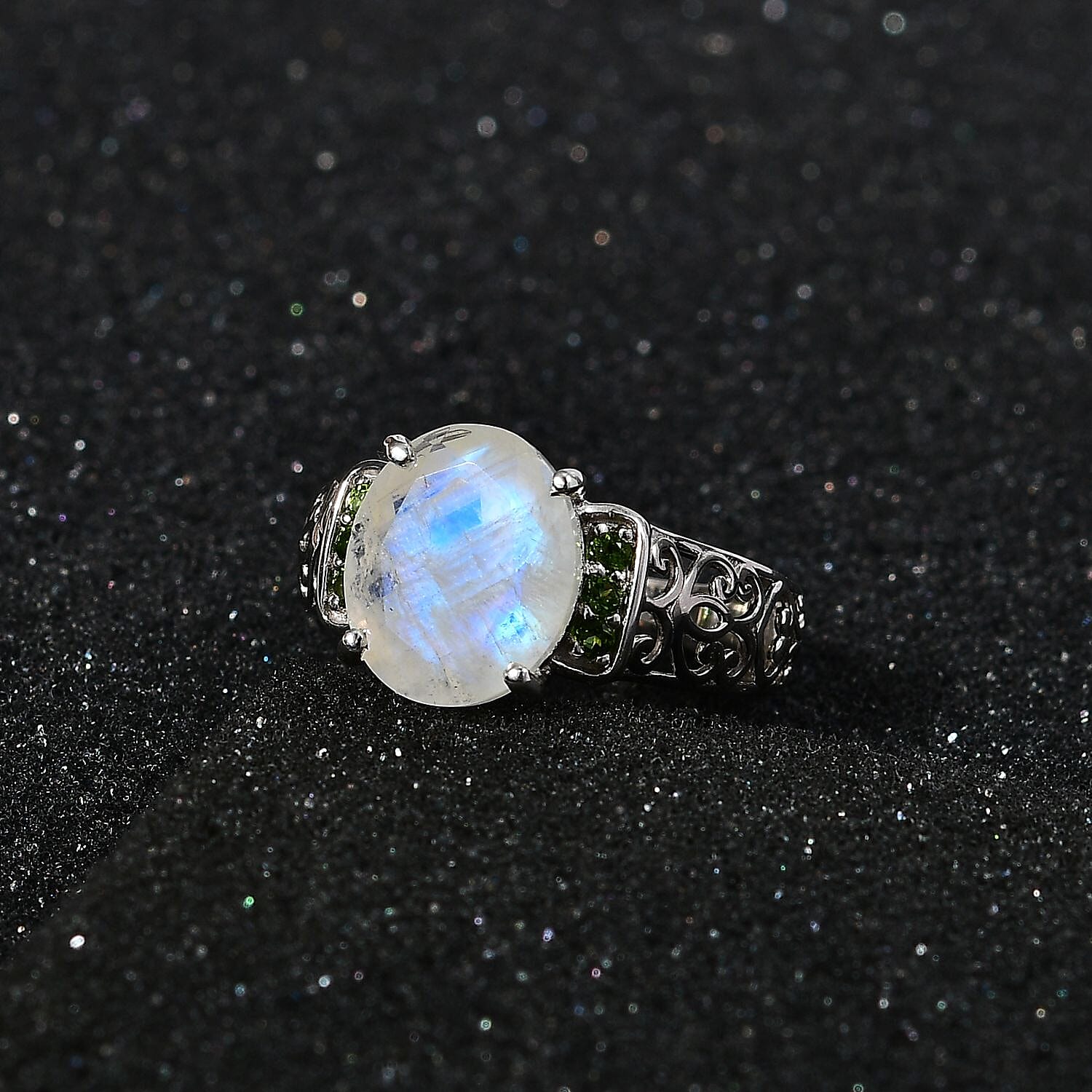 Premium Rainbow Moonstone and Chrome Diopside Ring in Platinum Over Sterling Silver (Size 10.0) 4.60 ctw
