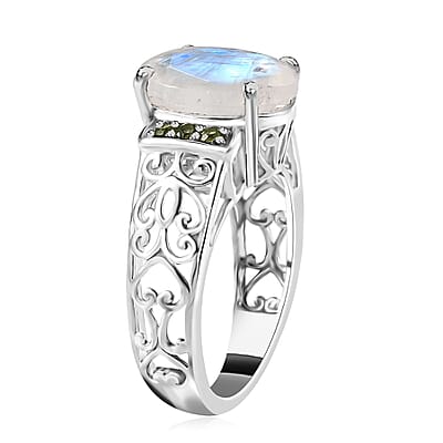 Premium Rainbow Moonstone and Chrome Diopside Ring in Platinum Over Sterling Silver (Size 10.0) 4.60 ctw