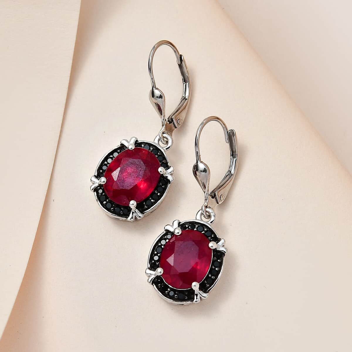 Niassa Ruby (FF) and Thai Black Spinel Lever Back Earrings in Platinum Over Sterling Silver 8.35 ctw image number 1