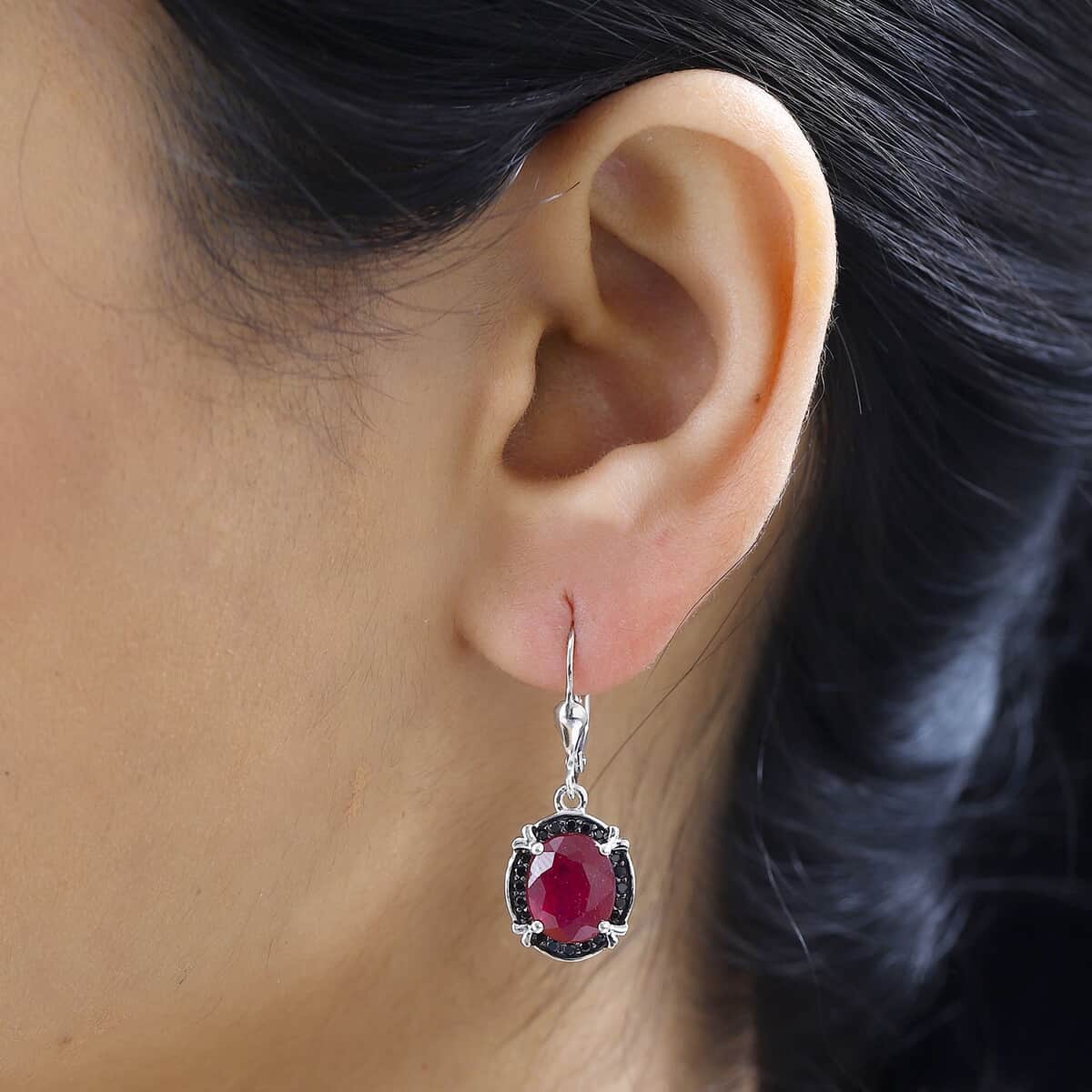 Niassa Ruby (FF) and Thai Black Spinel Lever Back Earrings in Platinum Over Sterling Silver 8.35 ctw image number 2