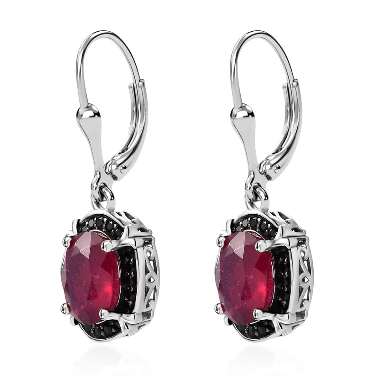 Niassa Ruby (FF) and Thai Black Spinel Lever Back Earrings in Platinum Over Sterling Silver 8.35 ctw image number 3