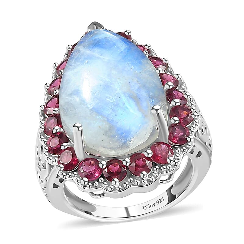 Premium Rainbow Moonstone and Orissa Rhodolite Garnet 15.90 ctw Ring in Platinum Over Sterling Silver (Size 10.0)