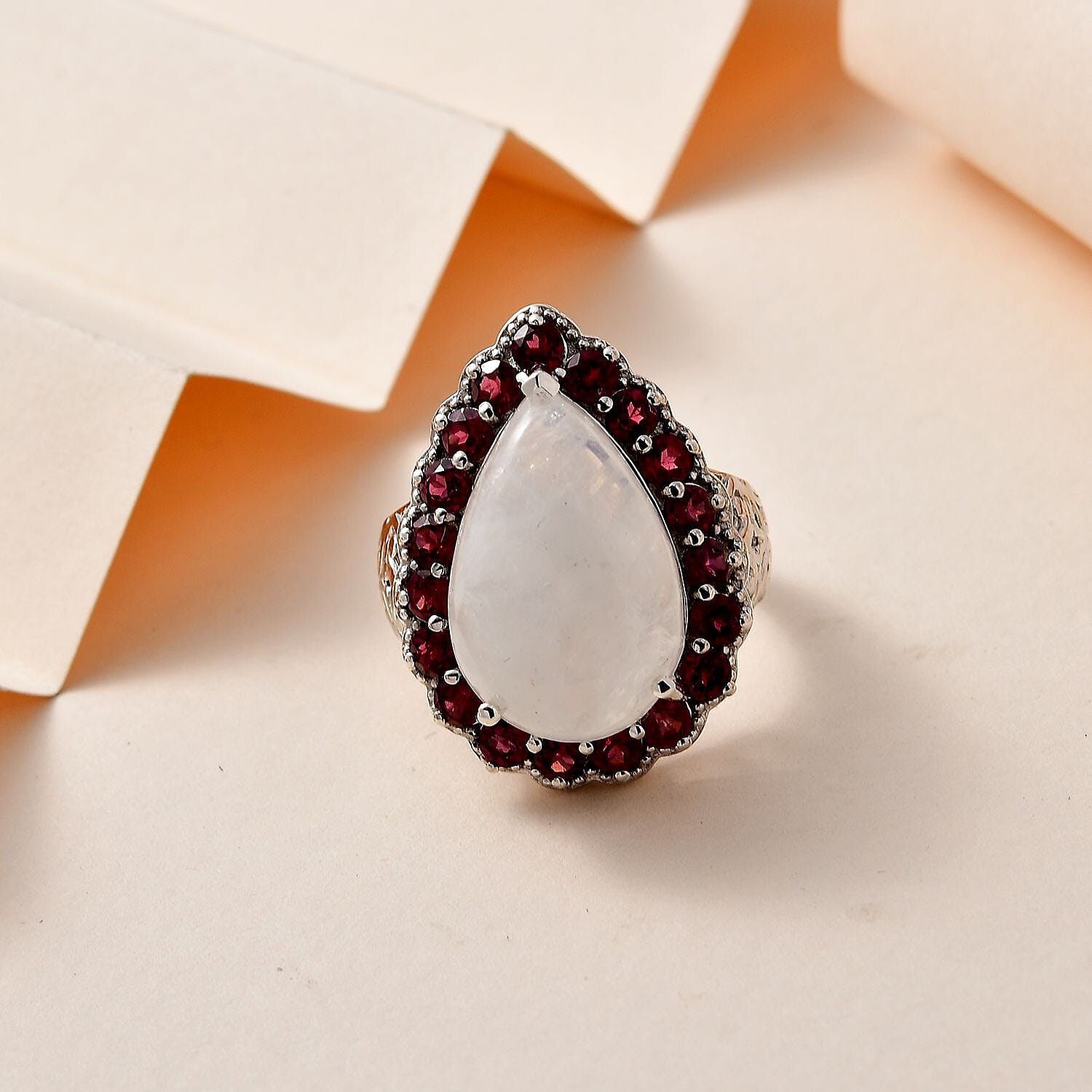 Premium Rainbow Moonstone and Orissa Rhodolite Garnet 15.90 ctw Ring in Platinum Over Sterling Silver (Size 10.0)