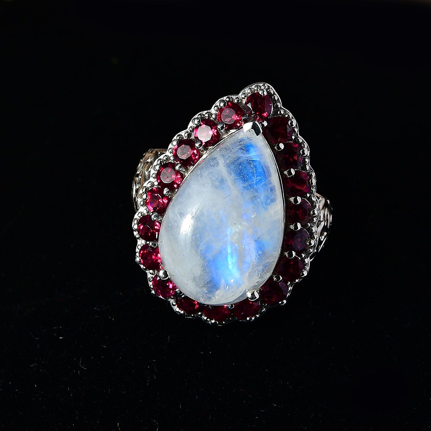 Premium Rainbow Moonstone and Orissa Rhodolite Garnet 15.90 ctw Ring in Platinum Over Sterling Silver (Size 10.0)