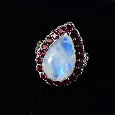 Premium Rainbow Moonstone and Orissa Rhodolite Garnet 15.90 ctw Ring in Platinum Over Sterling Silver (Size 10.0)