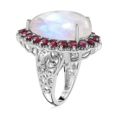 Premium Rainbow Moonstone and Orissa Rhodolite Garnet 15.90 ctw Ring in Platinum Over Sterling Silver (Size 10.0)