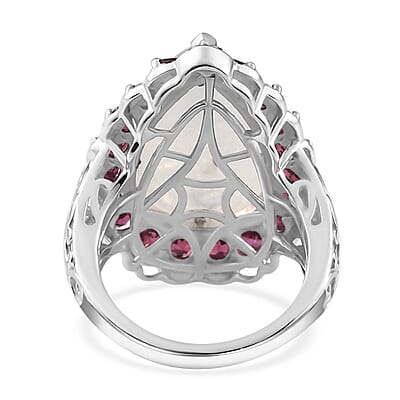 Premium Rainbow Moonstone and Orissa Rhodolite Garnet 15.90 ctw Ring in Platinum Over Sterling Silver (Size 10.0)
