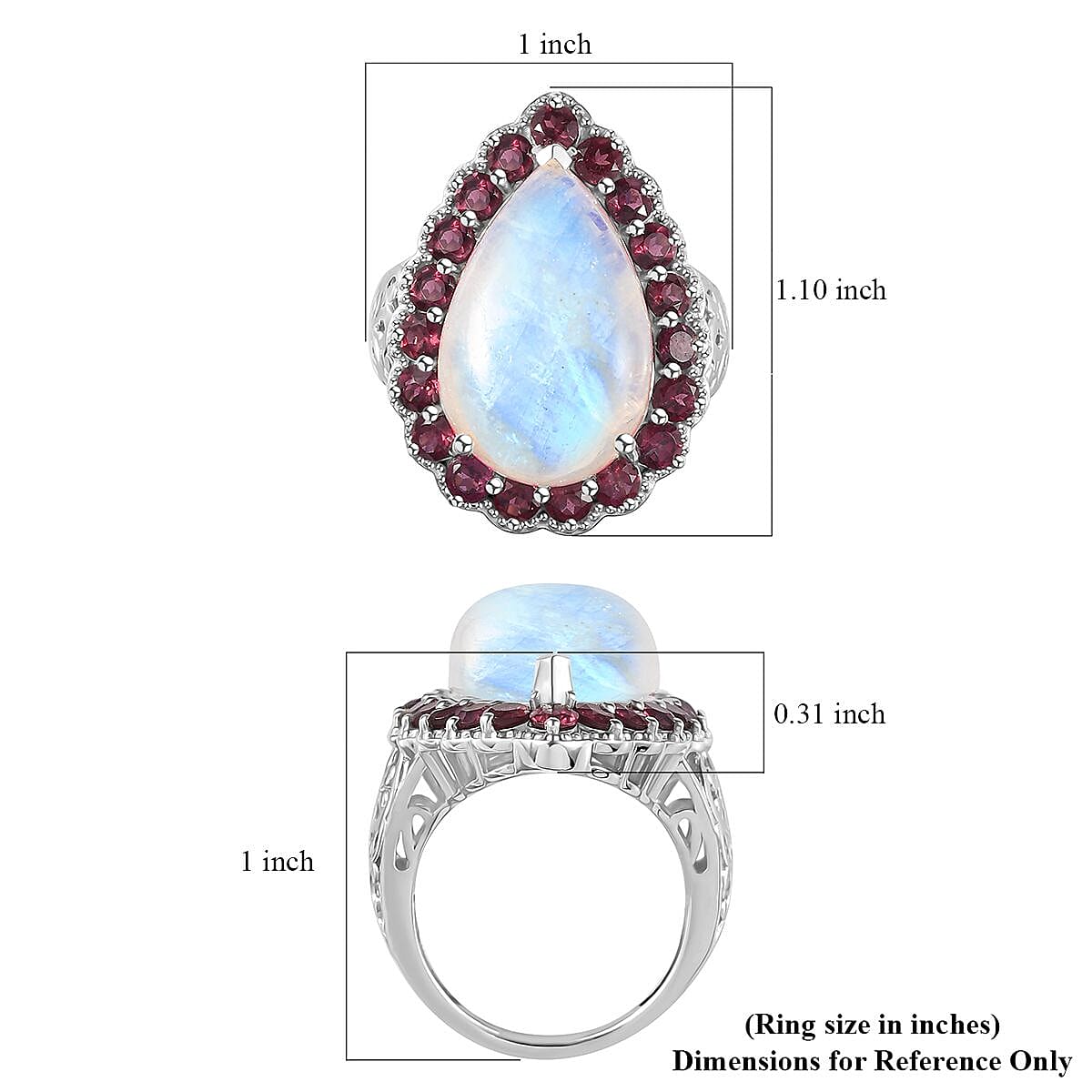 Premium Rainbow Moonstone and Orissa Rhodolite Garnet 15.90 ctw Ring in Platinum Over Sterling Silver (Size 10.0)