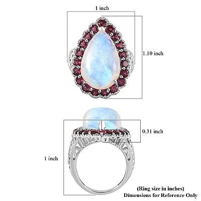 Premium Rainbow Moonstone and Orissa Rhodolite Garnet 15.90 ctw Ring in Platinum Over Sterling Silver (Size 10.0)