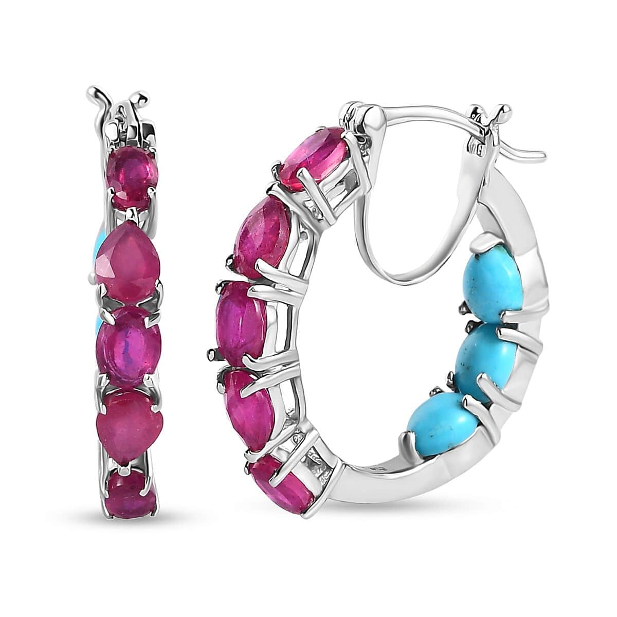 Niassa Ruby (FF) and Sleeping Beauty Turquoise Inside Out Hoop Earrings in Platinum Over Sterling Silver 5.90 ctw image number 0