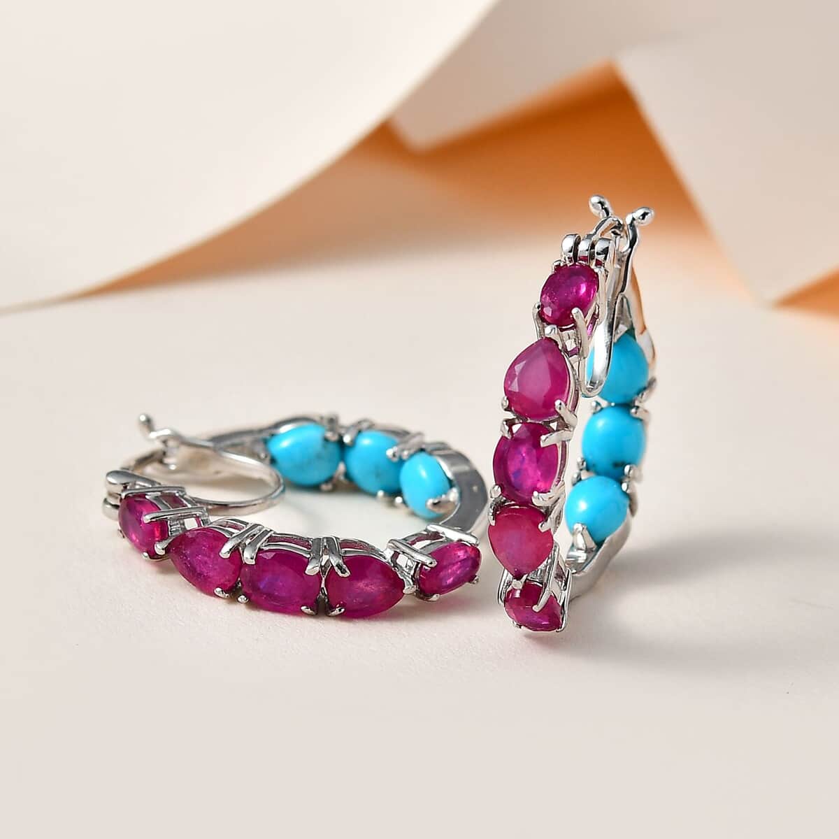 Niassa Ruby (FF) and Sleeping Beauty Turquoise Inside Out Hoop Earrings in Platinum Over Sterling Silver 5.90 ctw image number 1