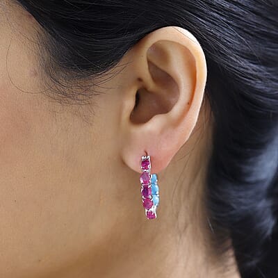 Niassa Ruby (FF) and Sleeping Beauty Turquoise 5.90 ctw Inside Out Hoop Earrings in Platinum Over Sterling Silver
