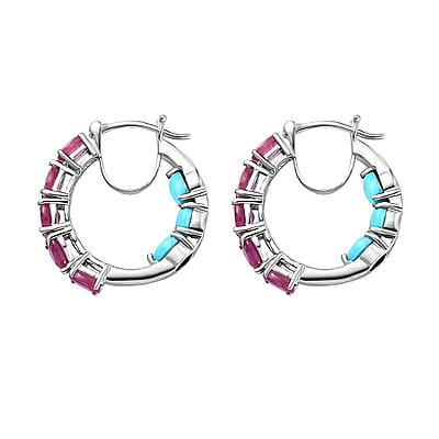 Niassa Ruby (FF) and Sleeping Beauty Turquoise 5.90 ctw Inside Out Hoop Earrings in Platinum Over Sterling Silver