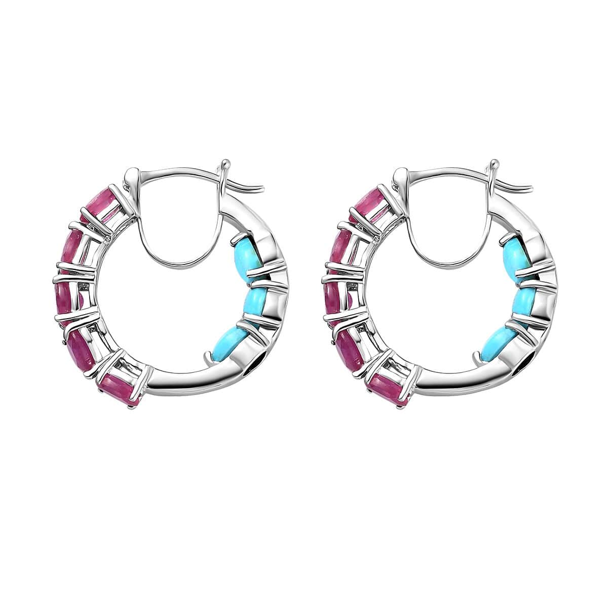 Niassa Ruby (FF) and Sleeping Beauty Turquoise Inside Out Hoop Earrings in Platinum Over Sterling Silver 5.90 ctw image number 3