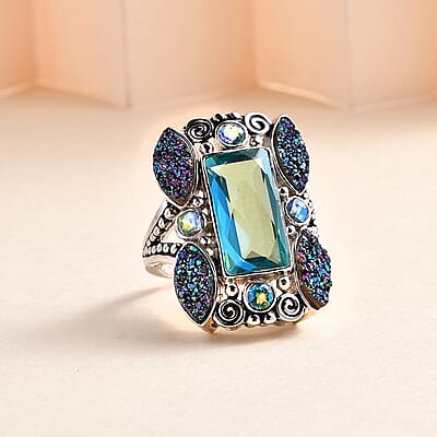 Sajen Silver Rainbow Doublet Perido Quartz and Flat Forest Drusy Quartz Ring in Platinum Over Sterling Silver (Size 10.0) 11.10 ctw